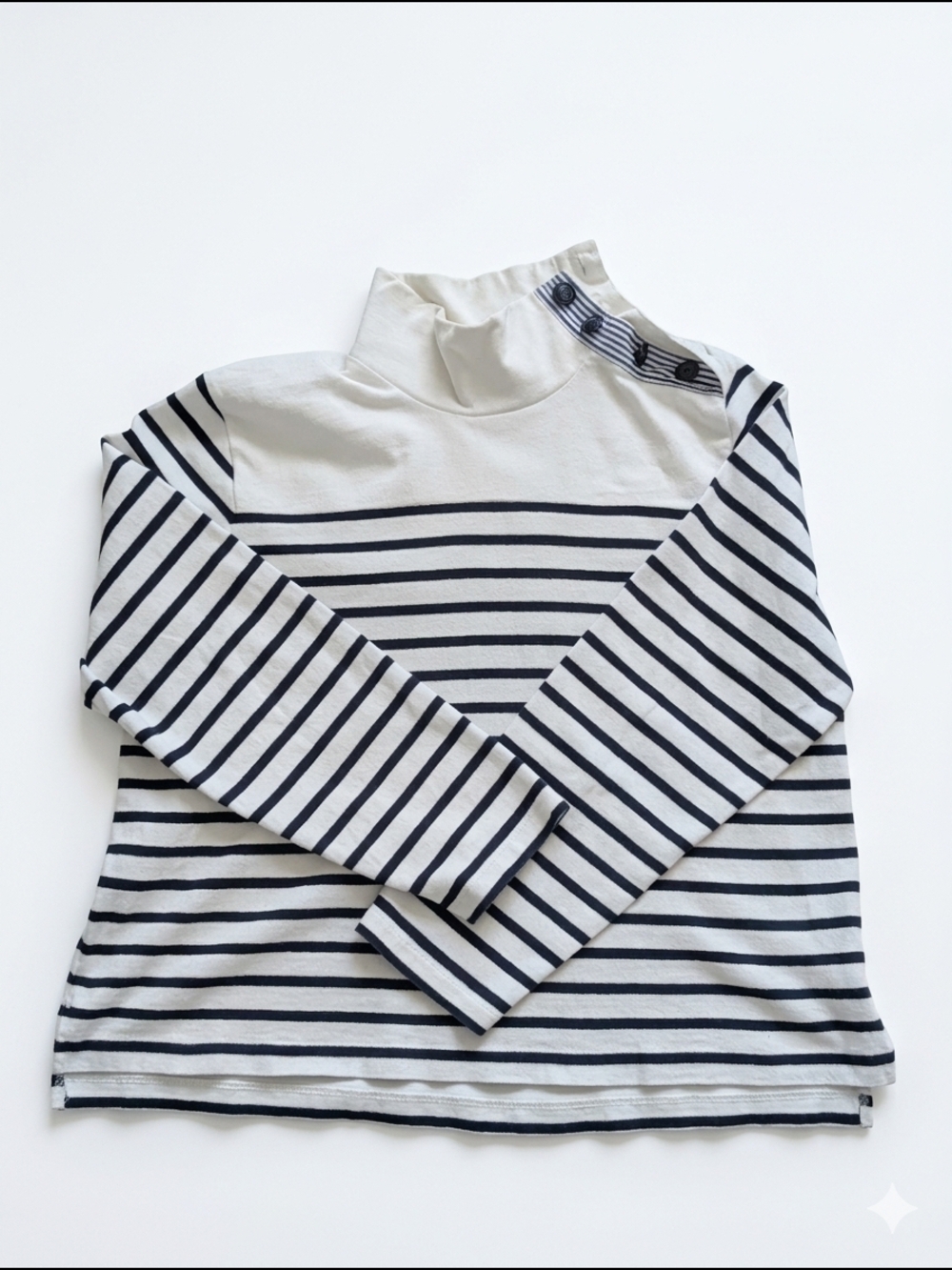 J.Crew Size L Stripe Button-Shoulder Mock Neck Shirt Navy Cream EUC